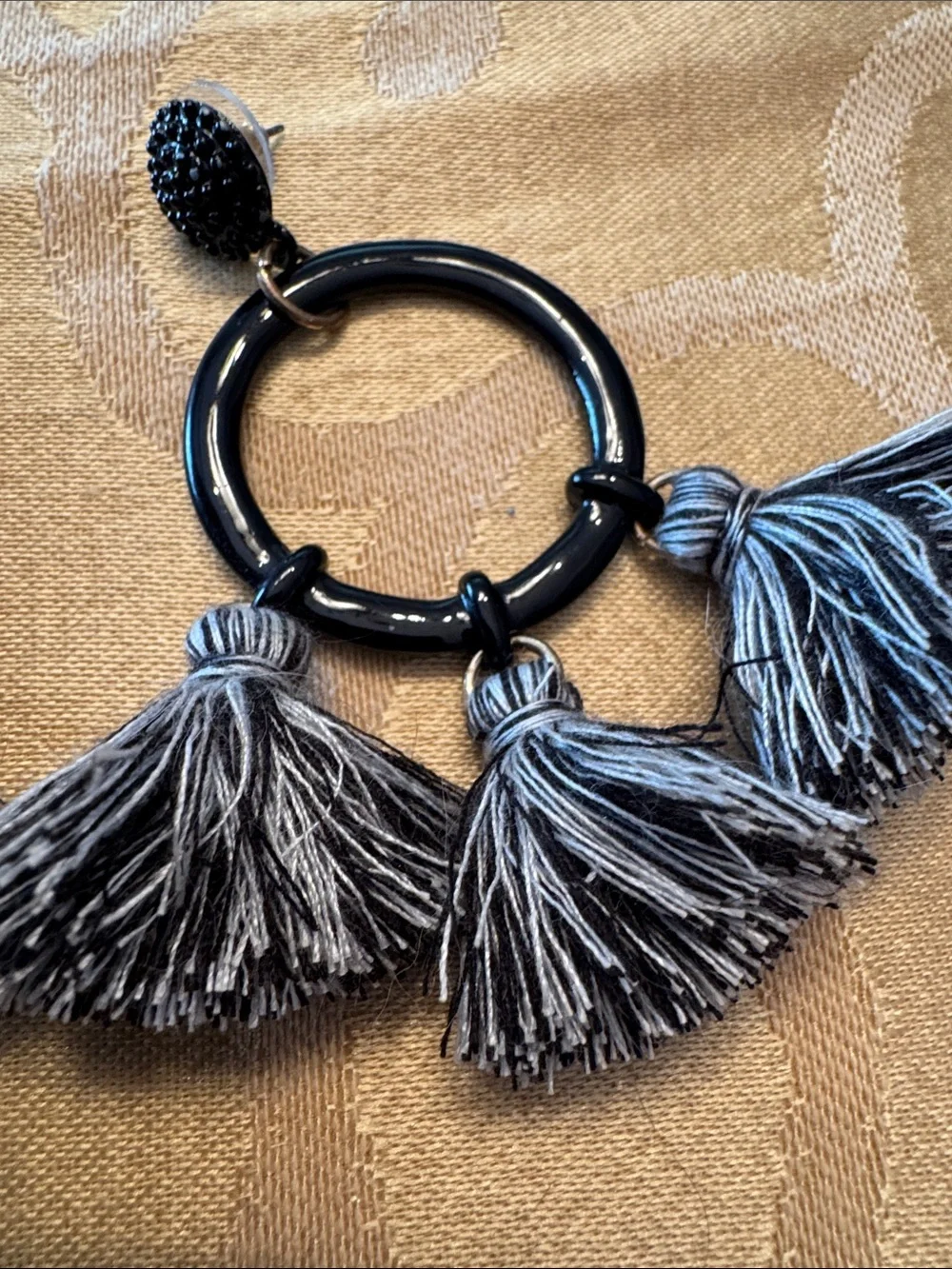Black and Gray Tassel Hoop Earrings